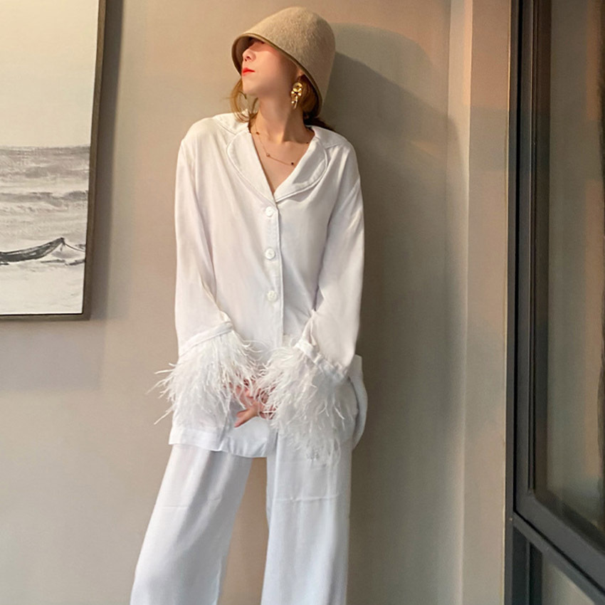 Long-Sleeved Ostrich Feather Pajamas Cotton Silk Pants