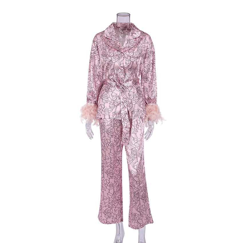Pajama Textured Printed Silk Feather Pants