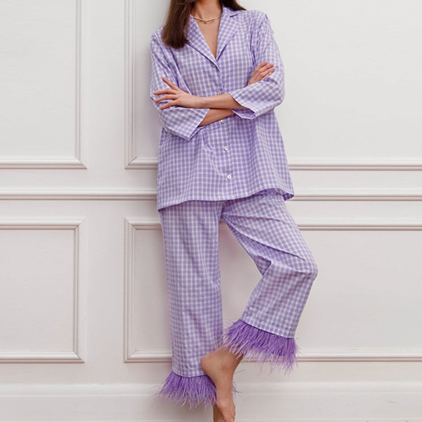 Plaid Pajamas Seventh Sleeve Pants Purple Feather