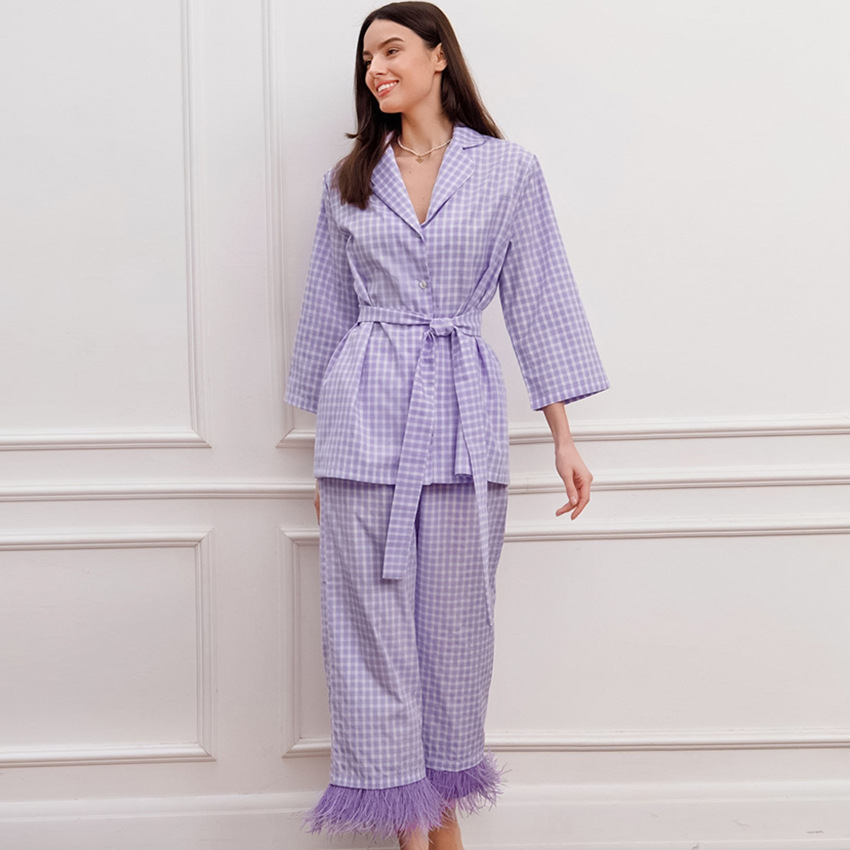 Plaid Pajamas Seventh Sleeve Pants Purple Feather