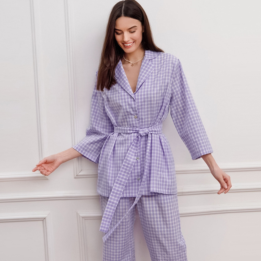 Plaid Pajamas Seventh Sleeve Pants Purple Feather