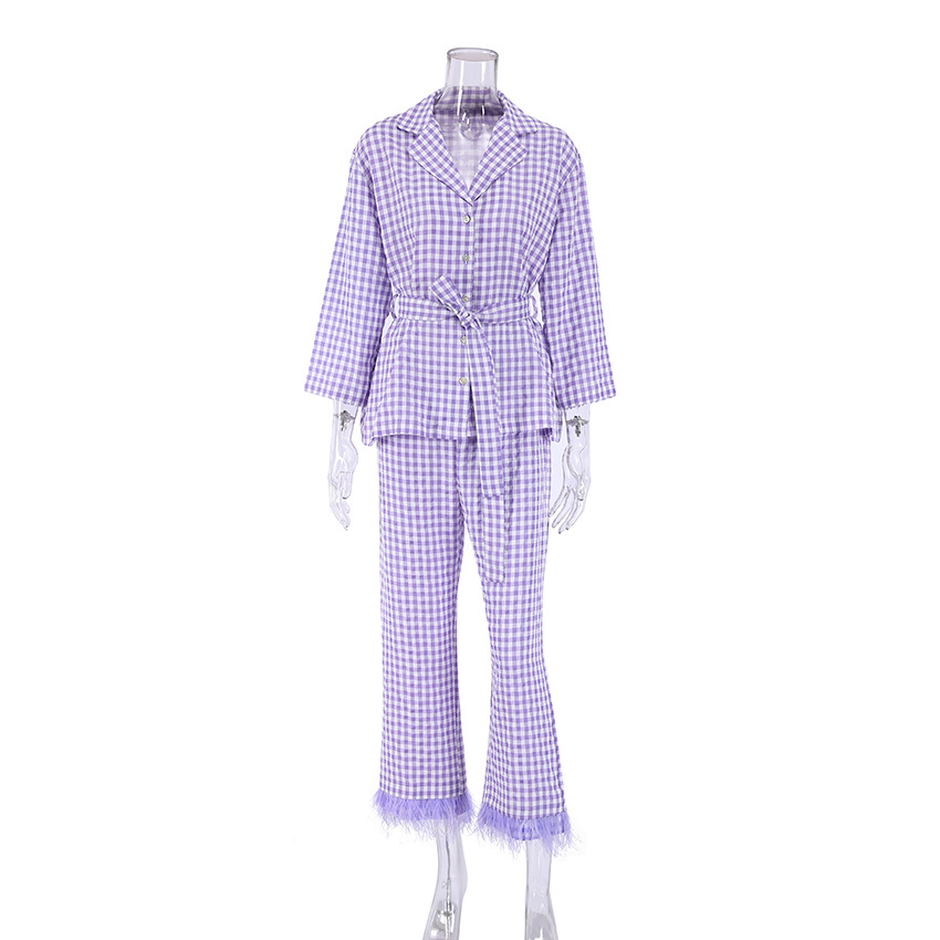 Plaid Pajamas Seventh Sleeve Pants Purple Feather