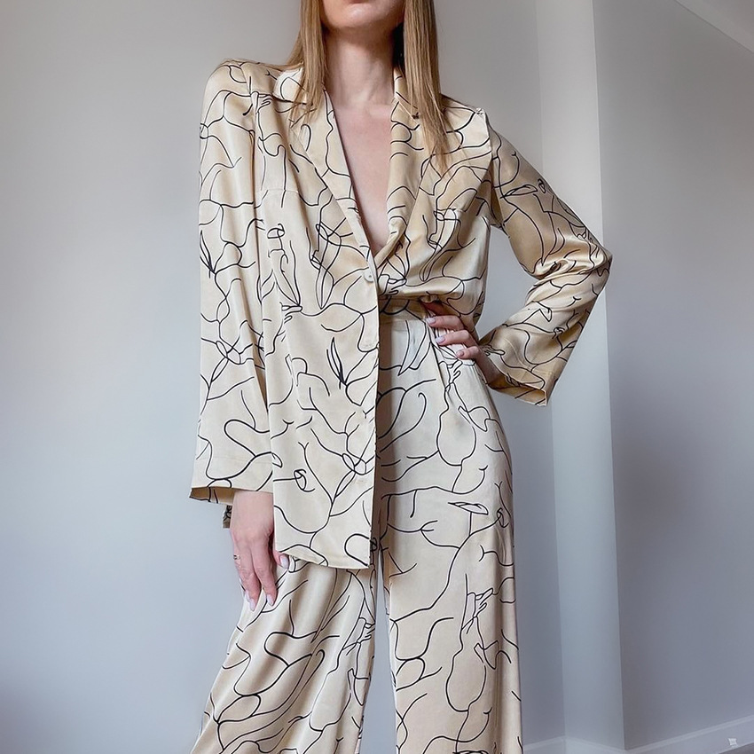 Printed Long-Sleeved Shirt Pajamas Loose Pants