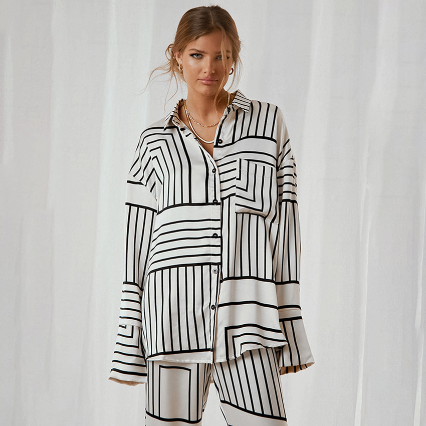 Printed Pajamas Simulation Of Silk Irregular Stripes Long-Sleeved Pants