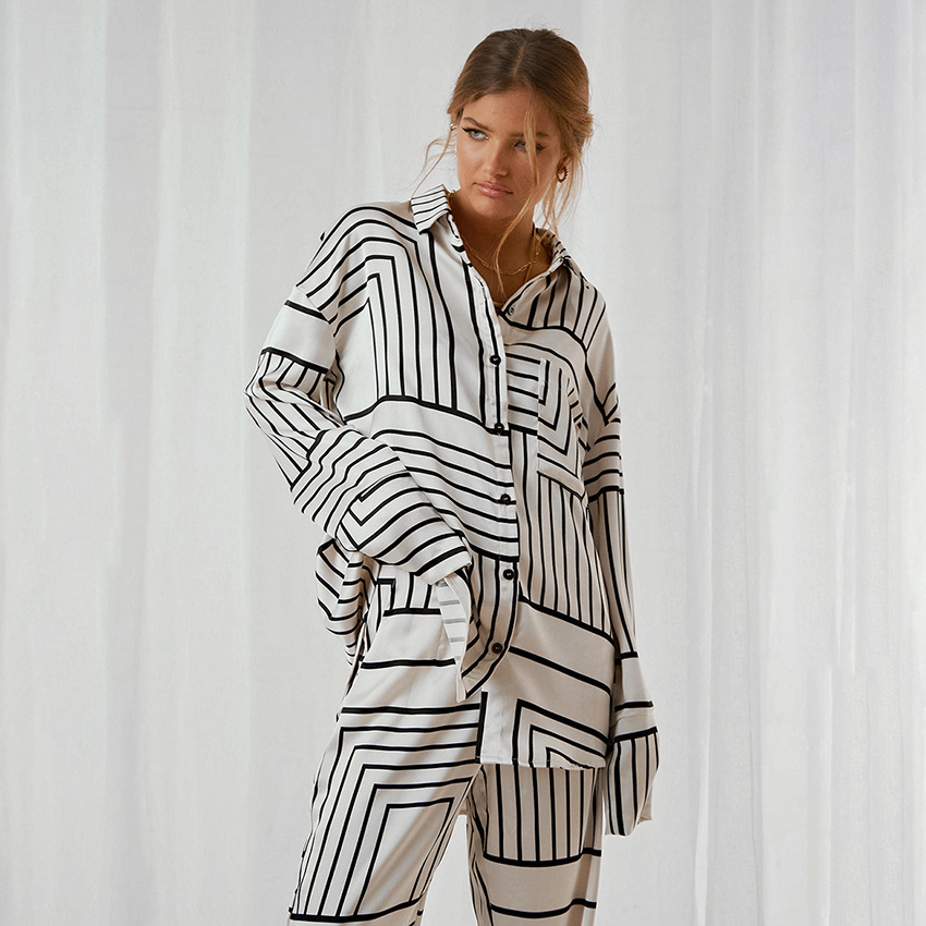Printed Pajamas Simulation Of Silk Irregular Stripes Long-Sleeved Pants