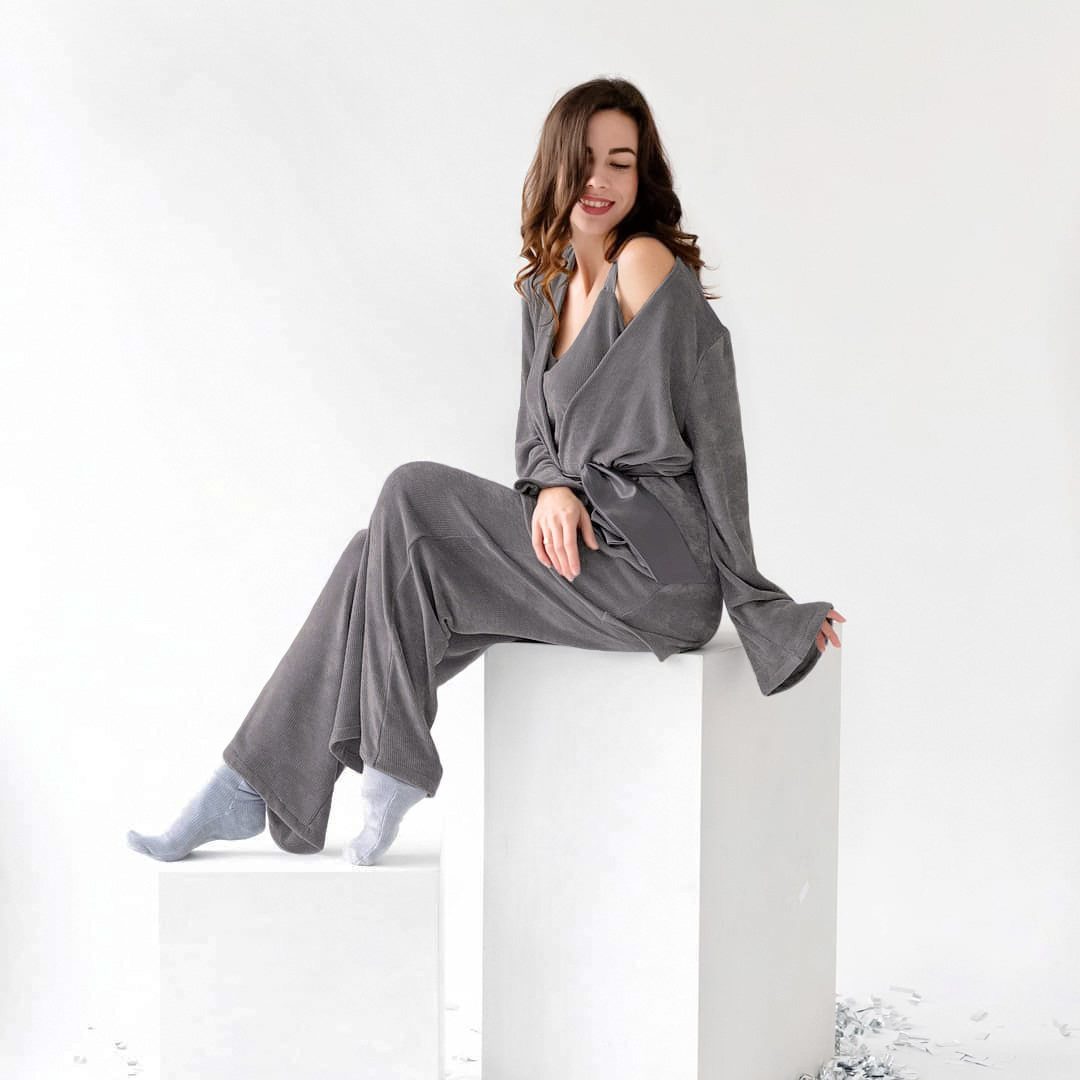 Striped Fleece Warm Suspenders Pants Straps Outer Robe