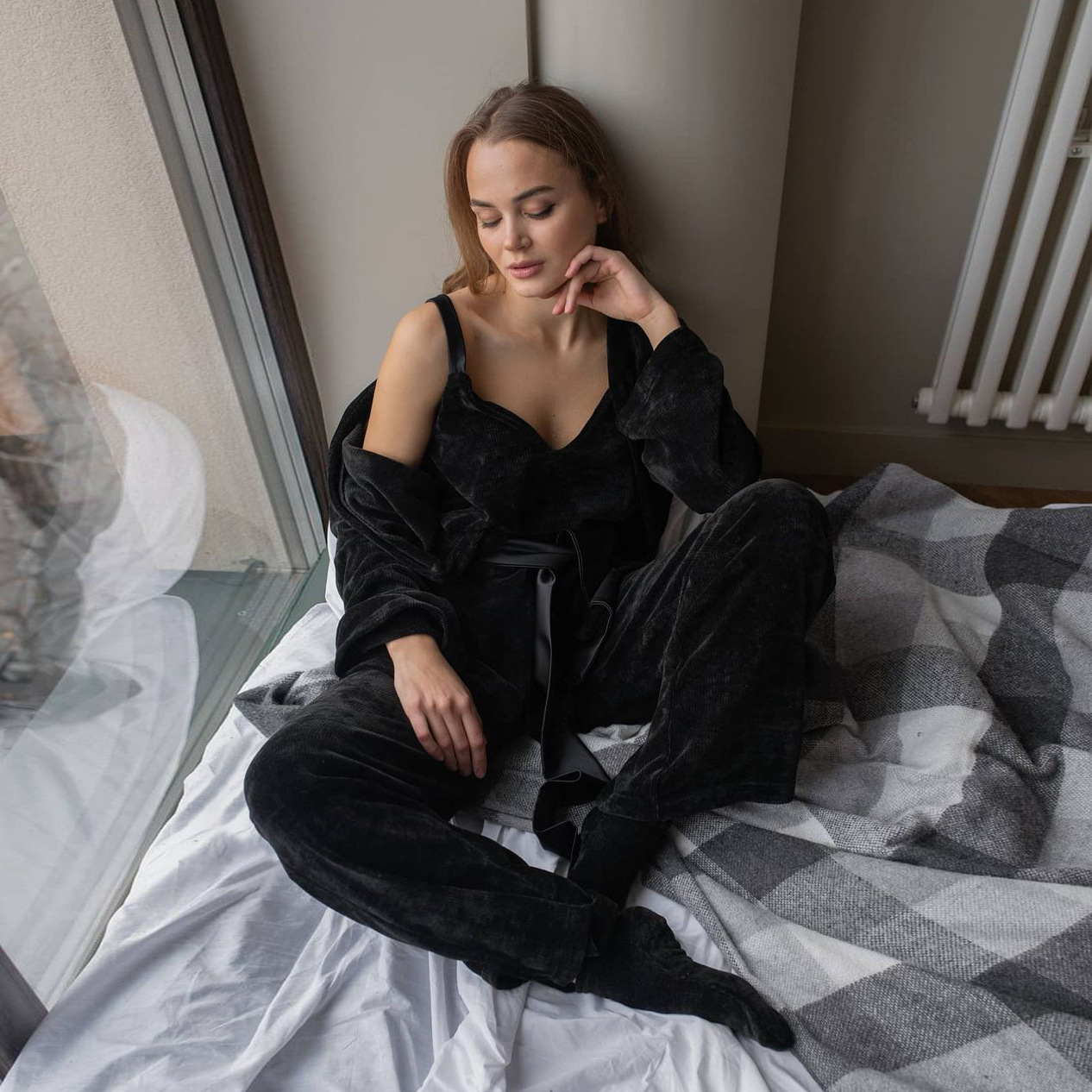 Striped Fleece Warm Suspenders Pants Straps Outer Robe