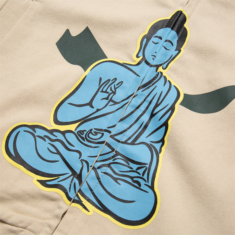 Buddha Print Collision Color Lapel Zipper Shirt Jacket