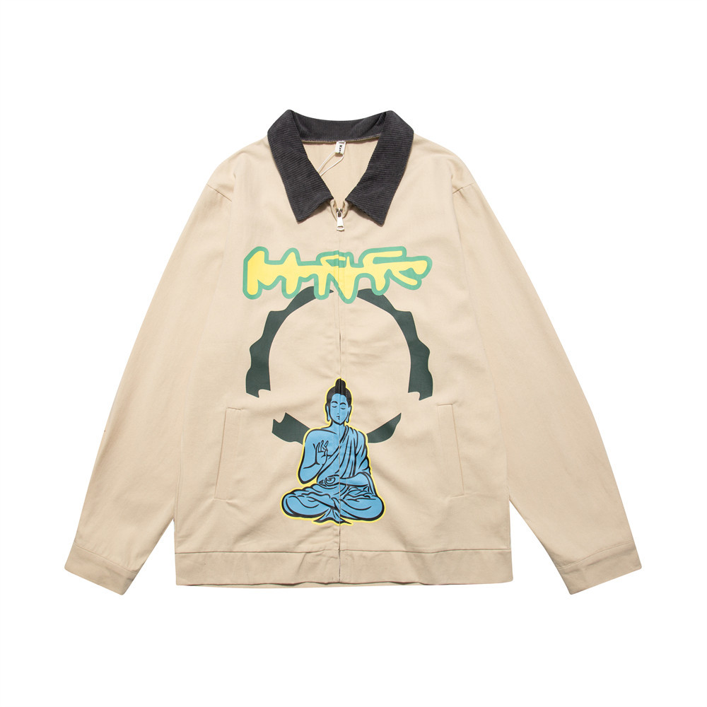 Buddha Print Collision Color Lapel Zipper Shirt Jacket