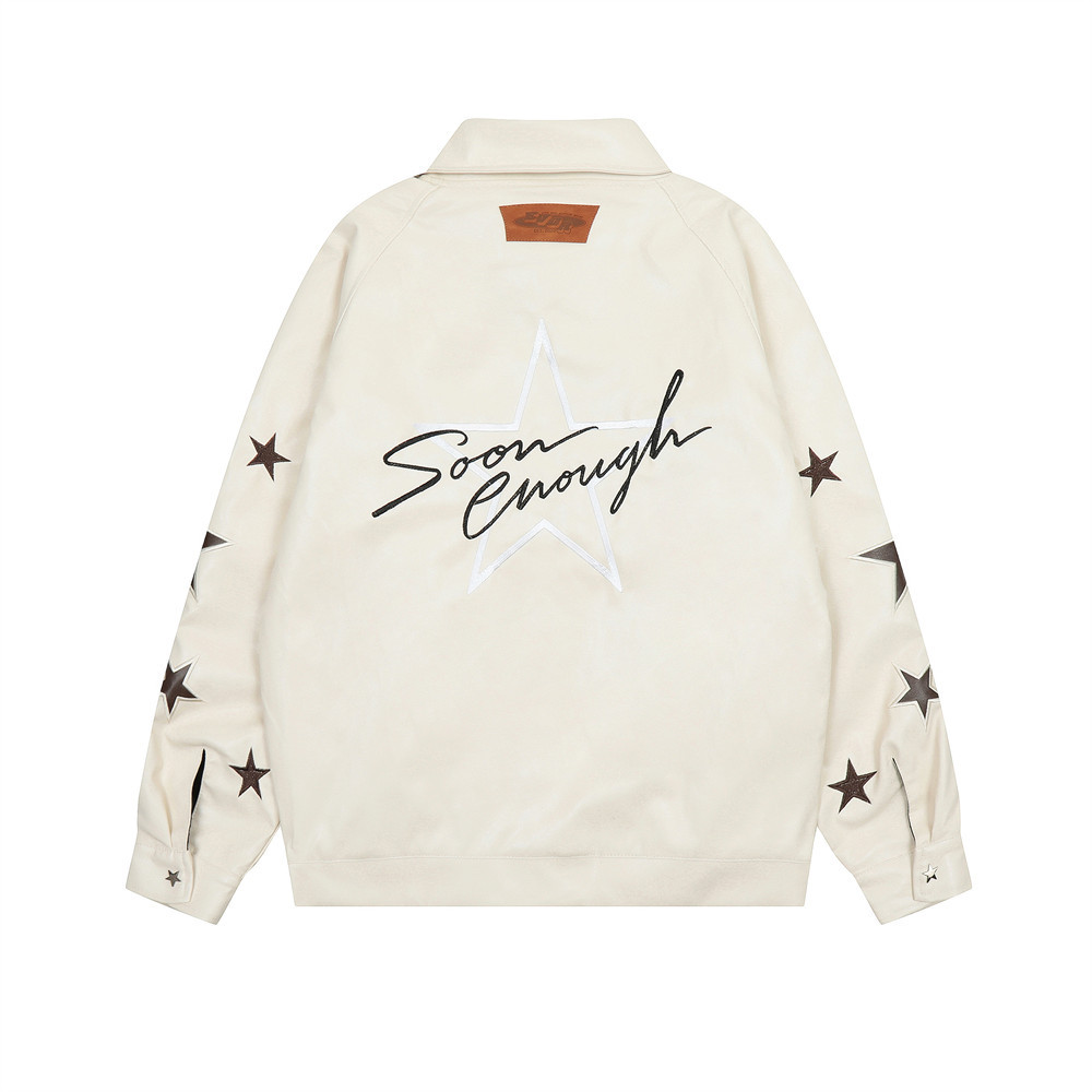 Biker Pentagram Embroidered Letters Leather Jacket