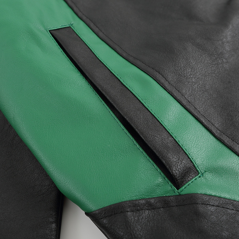 Collar Leather Jacket With Color Blocking