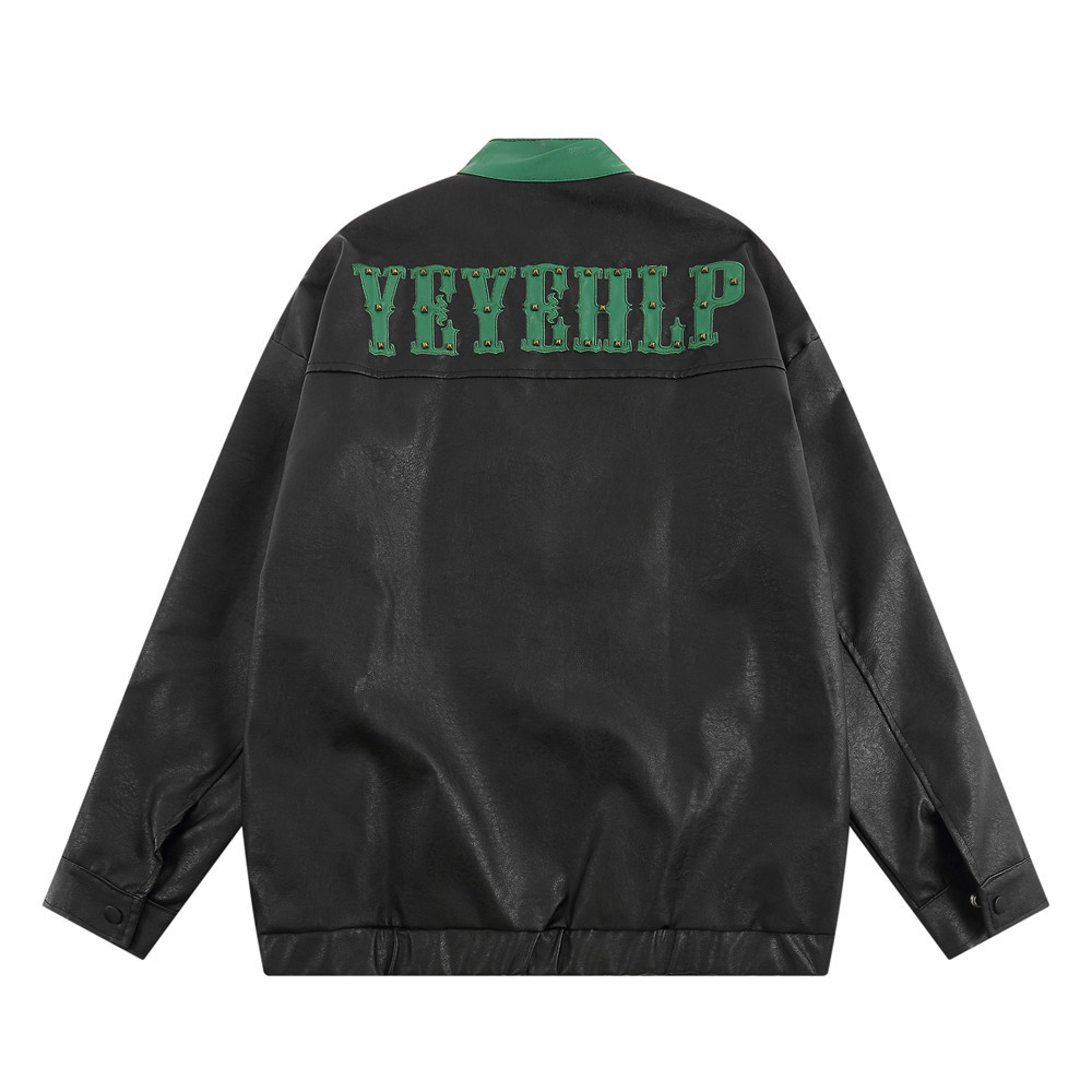 Collar Leather Jacket With Color Blocking