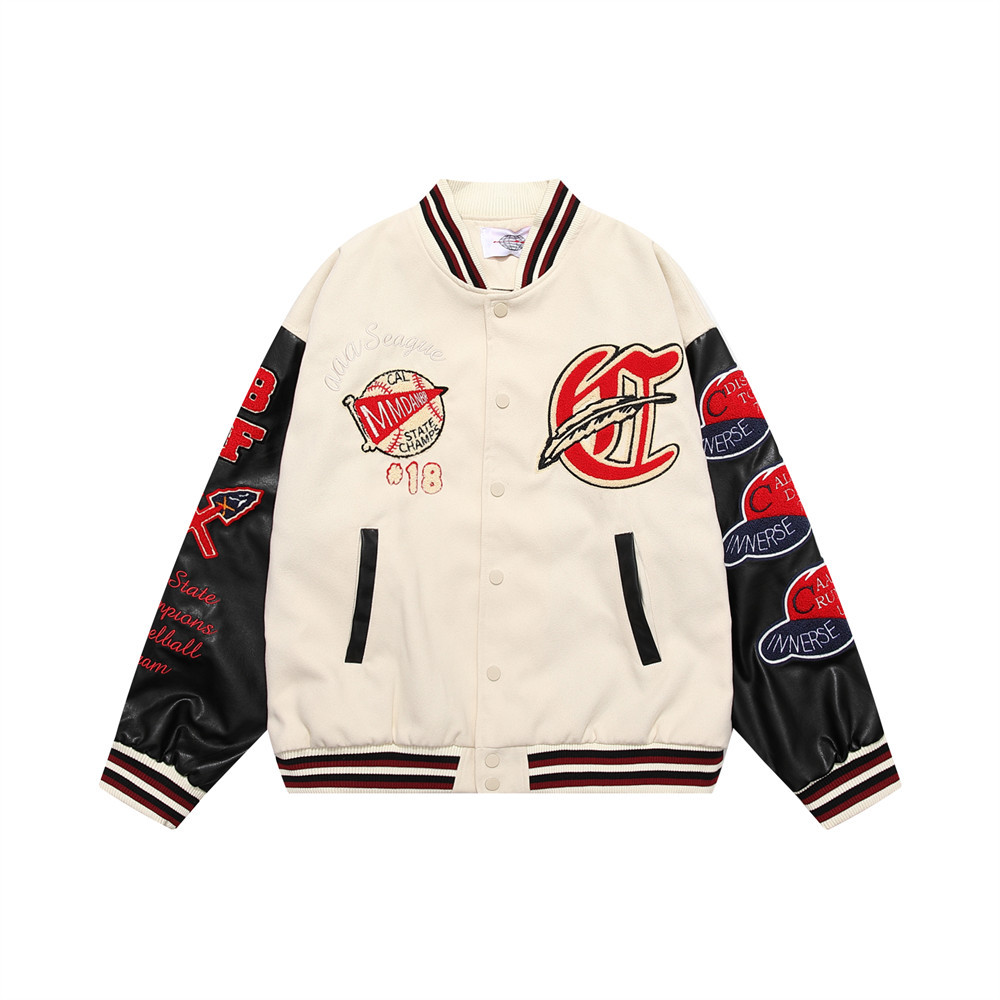 Collision Color Stitching Leather Embroidered Letters Baseball Jacket