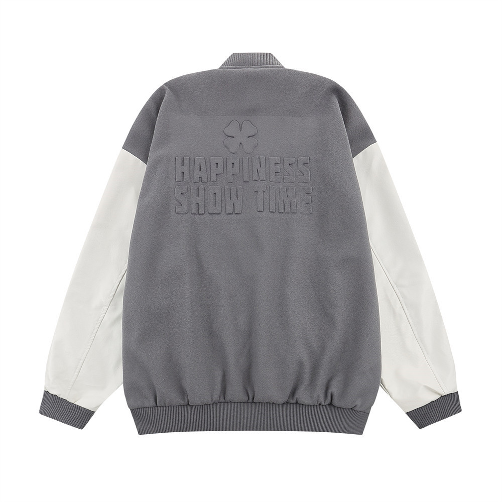 Color Blocking Four-Leaf Clover Tweed Steel Print Baseball Jacket