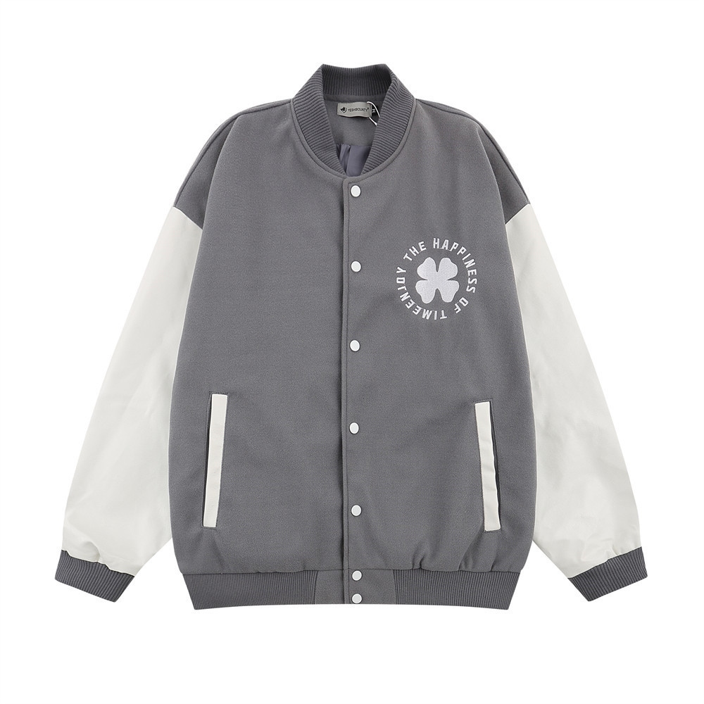 Color Blocking Four-Leaf Clover Tweed Steel Print Baseball Jacket