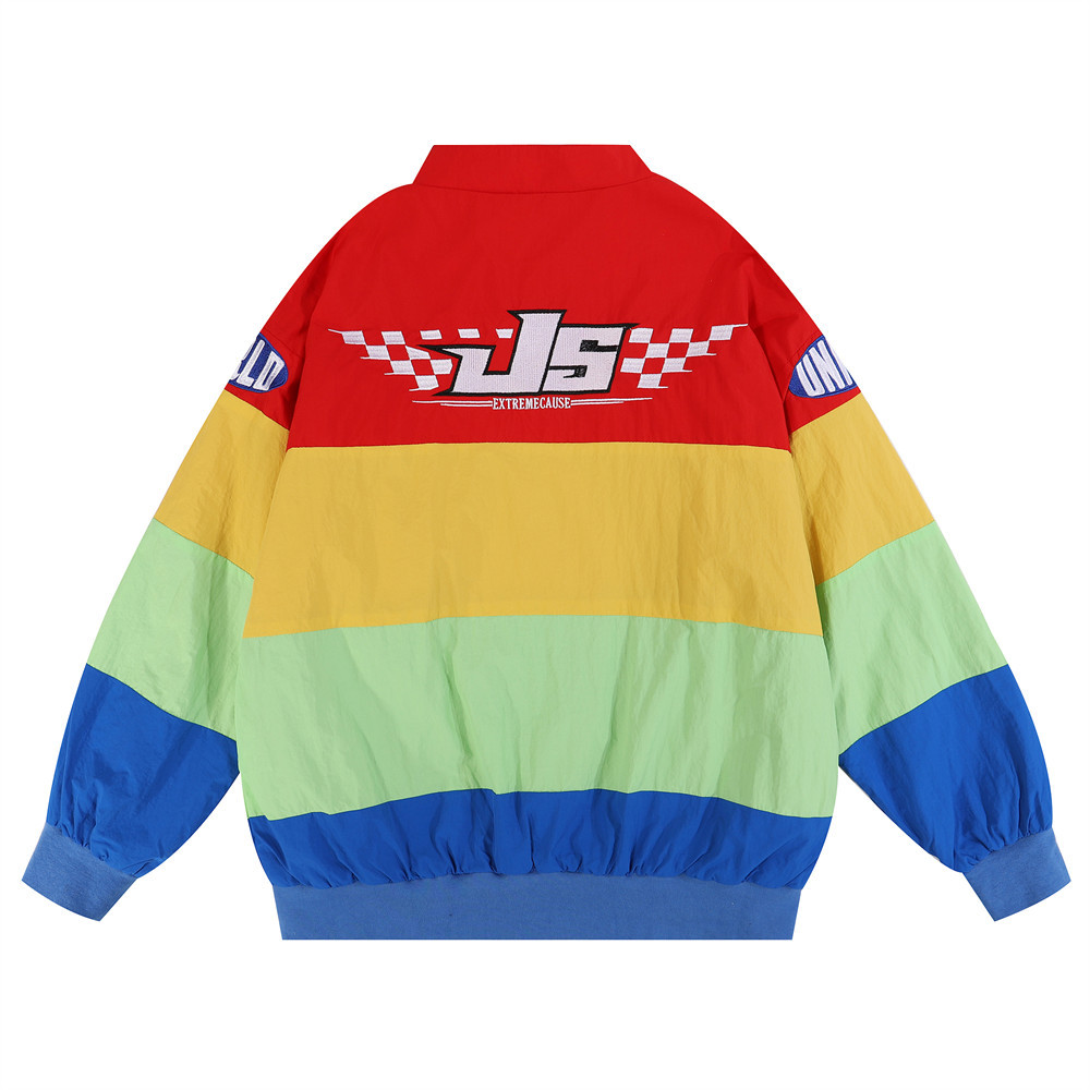 Embroidered Letters Clashing Color Stitching Stand-Up Collar Jacket Men