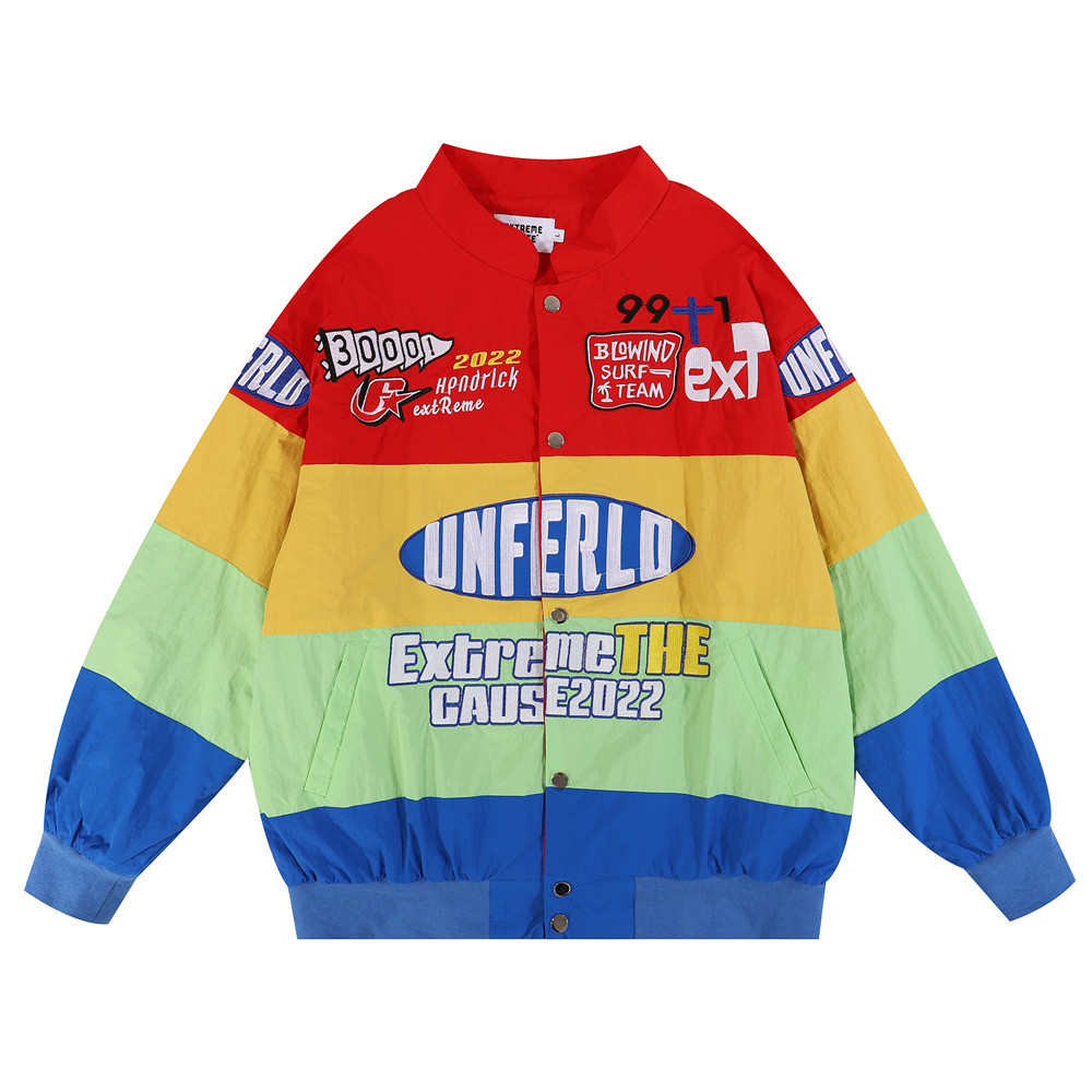 Embroidered Letters Clashing Color Stitching Stand-Up Collar Jacket Men