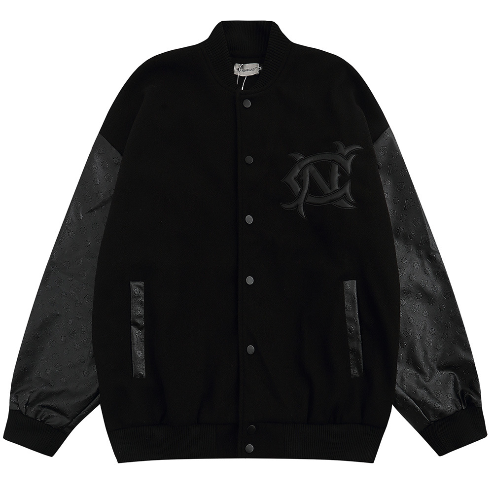 Flocked Embroidered Cherubs Pu Leather Sleeves Baseball Jacket