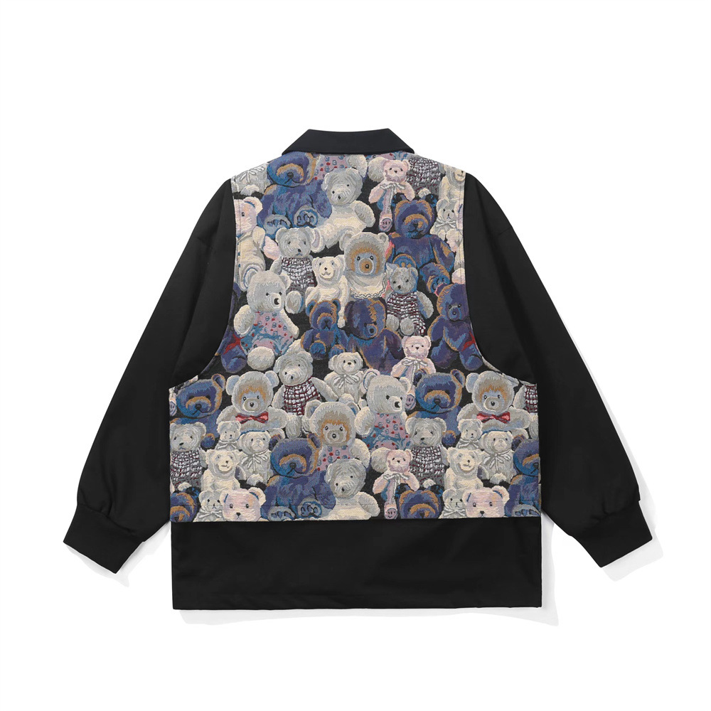 Jacquard Bear Collision Color Stitching Fake Two Pieces Zipper Jacket