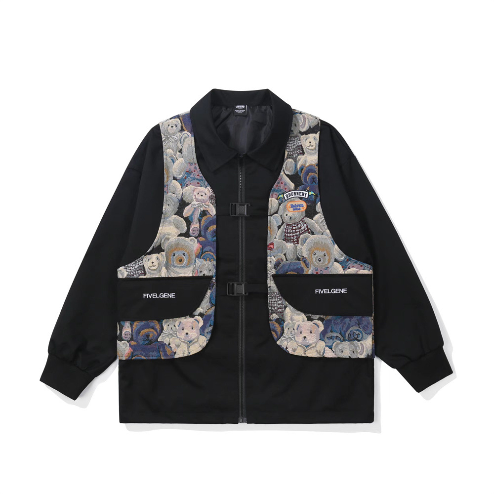 Jacquard Bear Collision Color Stitching Fake Two Pieces Zipper Jacket