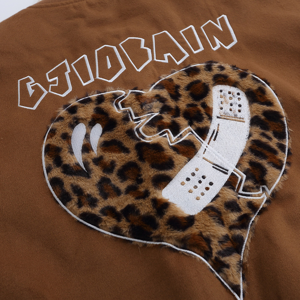 Leopard Print Embroidery Collision Color Stitching Leather Jacket