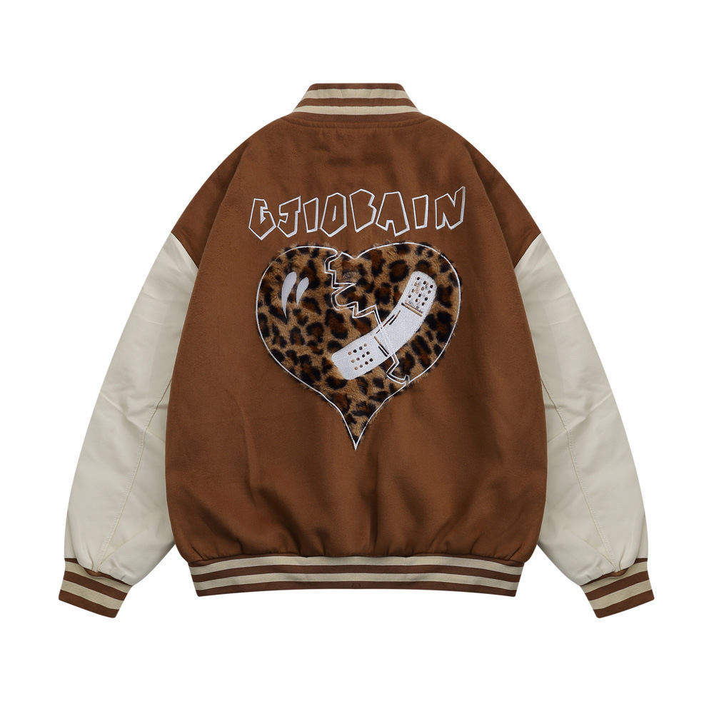 Leopard Print Embroidery Collision Color Stitching Leather Jacket