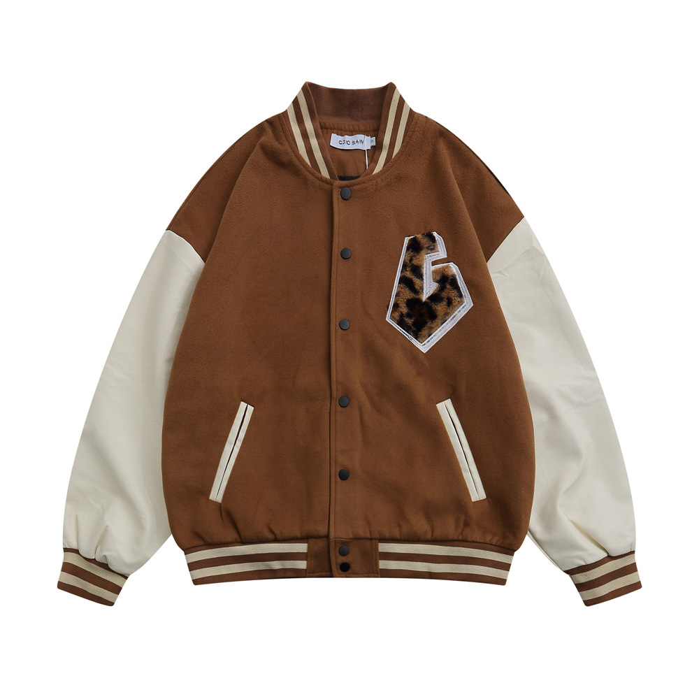 Leopard Print Embroidery Collision Color Stitching Leather Jacket