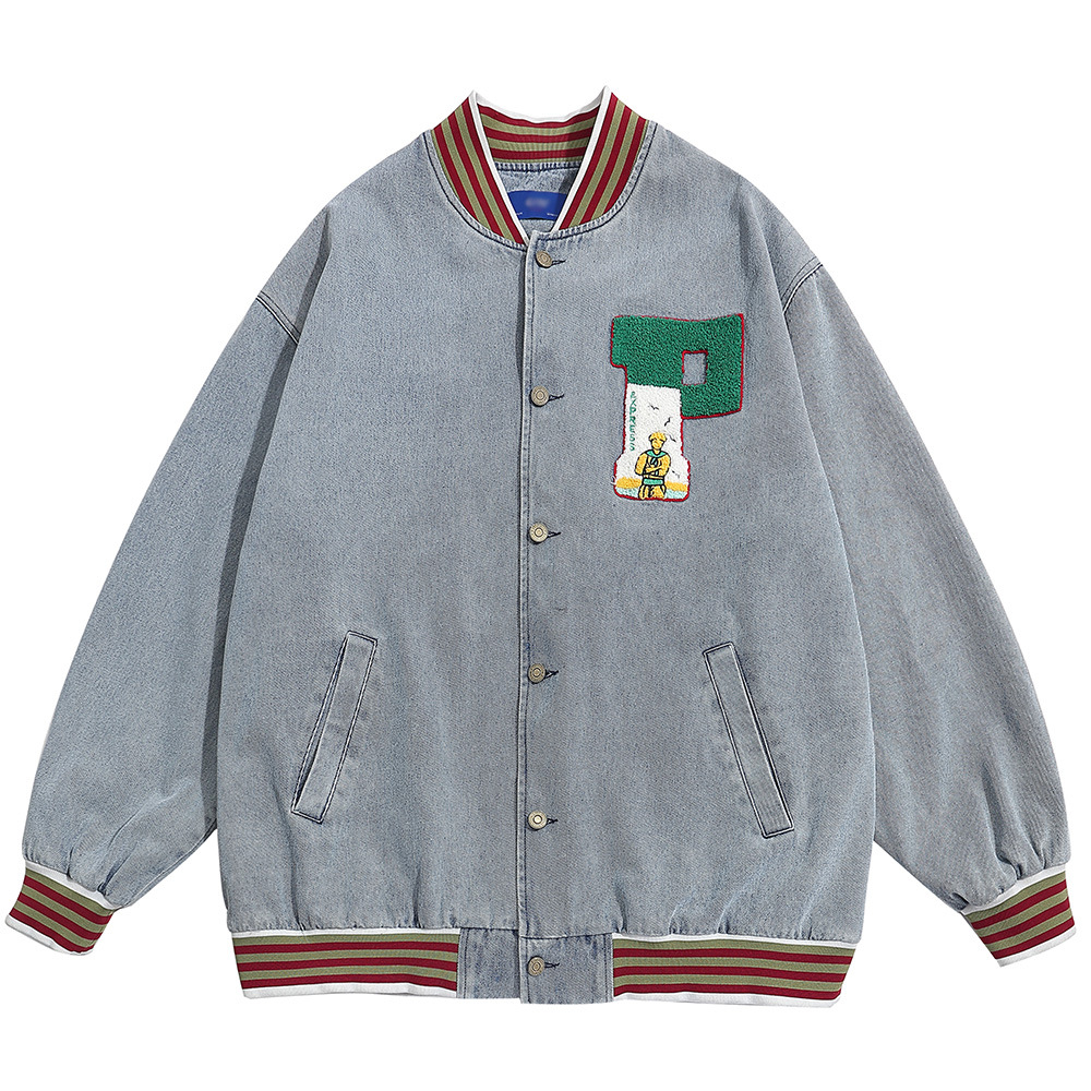 Letter Embroidery Color Loose Standing Collar Cardigan Jacket