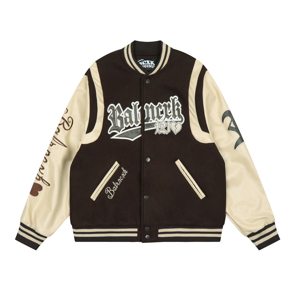 Letters Embroidered Long-Sleeved Patchwork Baseball Jacket