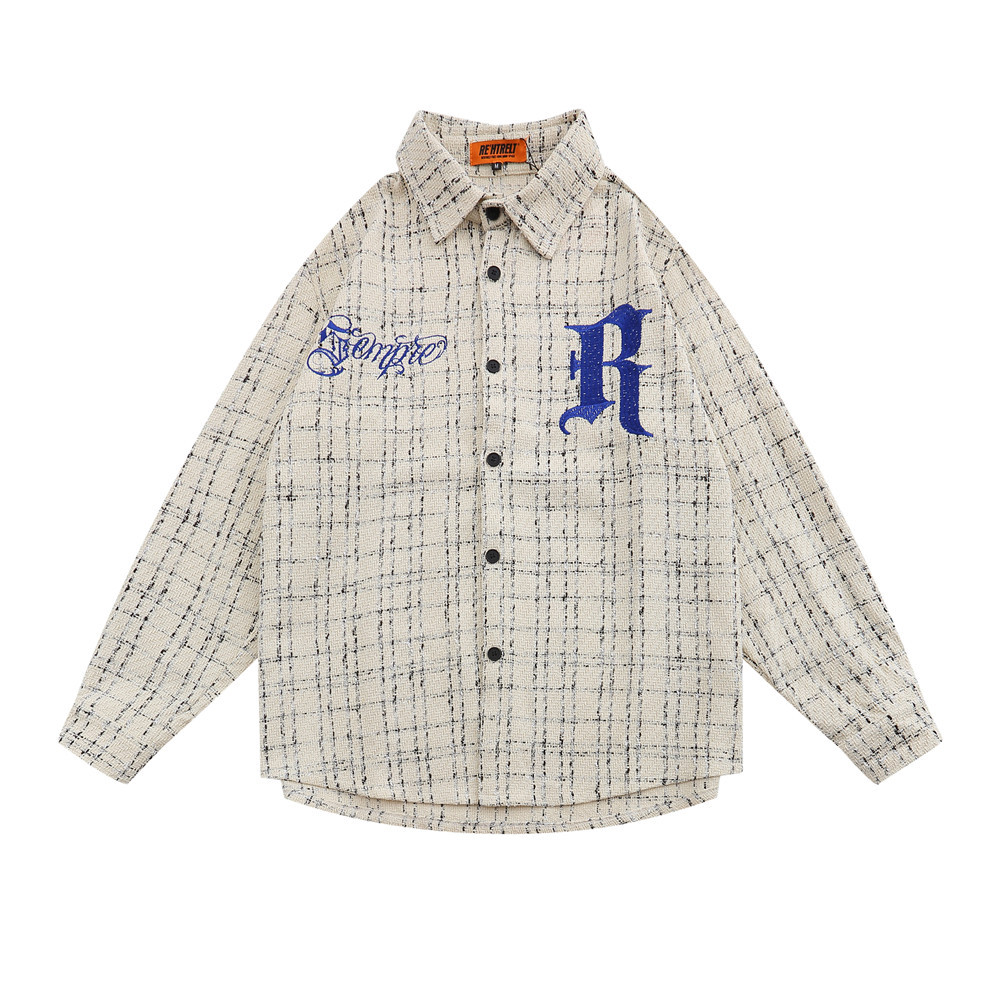 Letters Embroidered Plaid Shirt Long Sleeve Men's Jacket