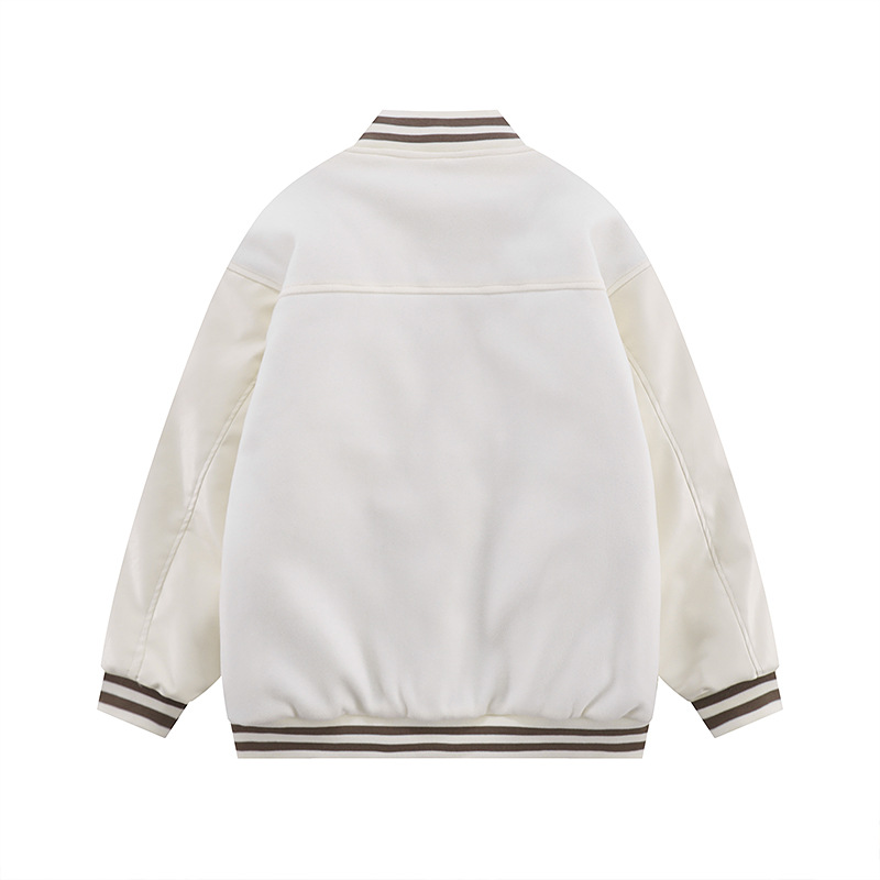 Letters Embroidered Pu Leather Sleeves Spliced Cotton Jacket