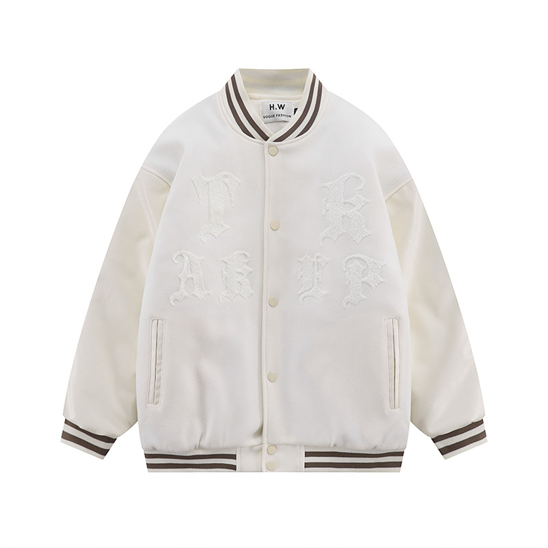 Letters Embroidered Pu Leather Sleeves Spliced Cotton Jacket