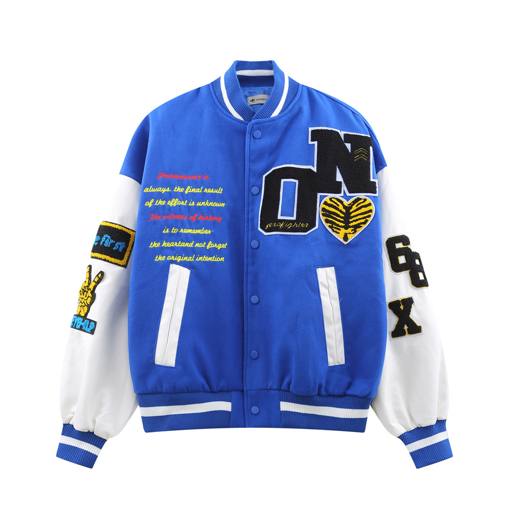 Letters Embroidery Collision Color Stitching Pu Leather Sleeve Jacket