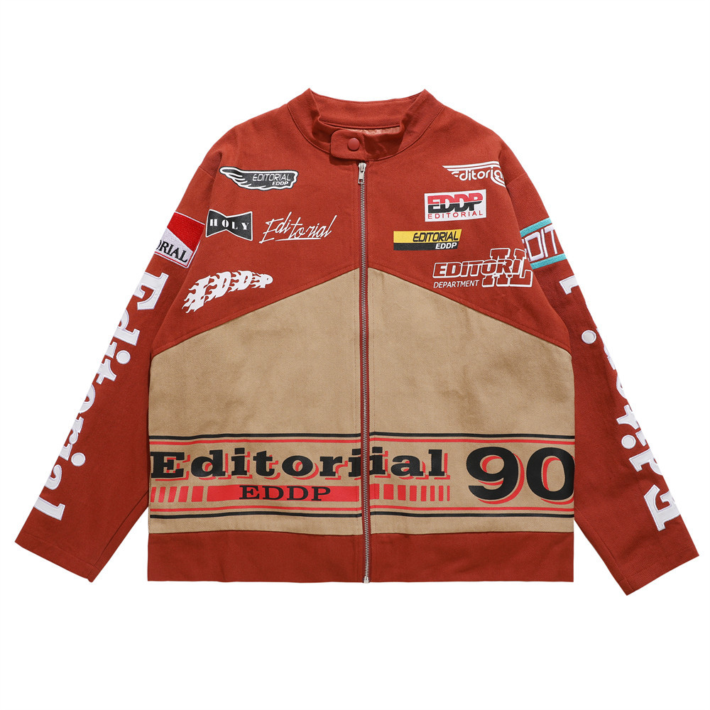 Loose Color Blocking Letter Print Stand Collar Flight Jacket