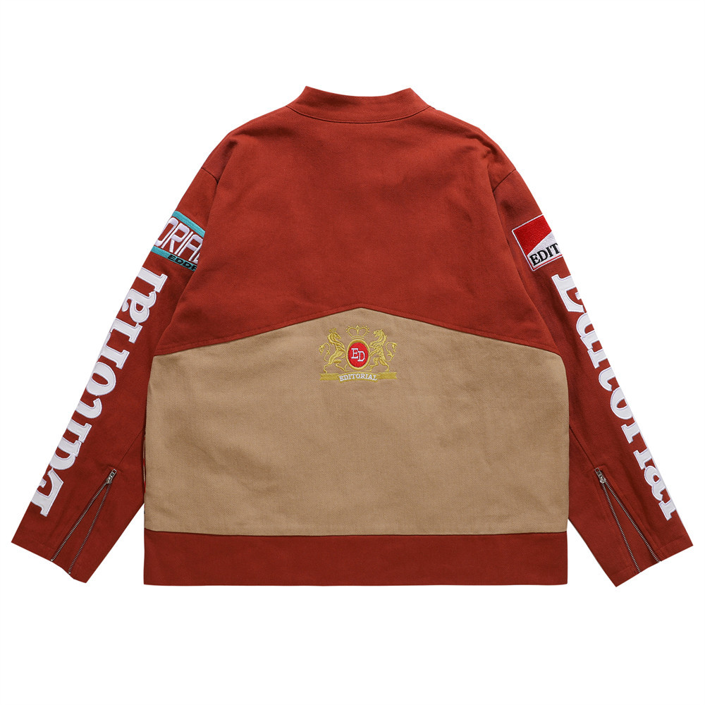 Loose Color Blocking Letter Print Stand Collar Flight Jacket