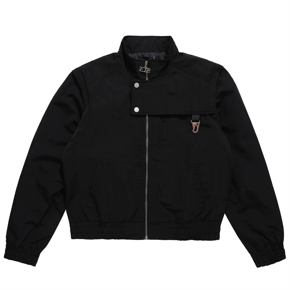 Loose Solid Color Stand-Up Collar Patch Decoration Zipper Jacket