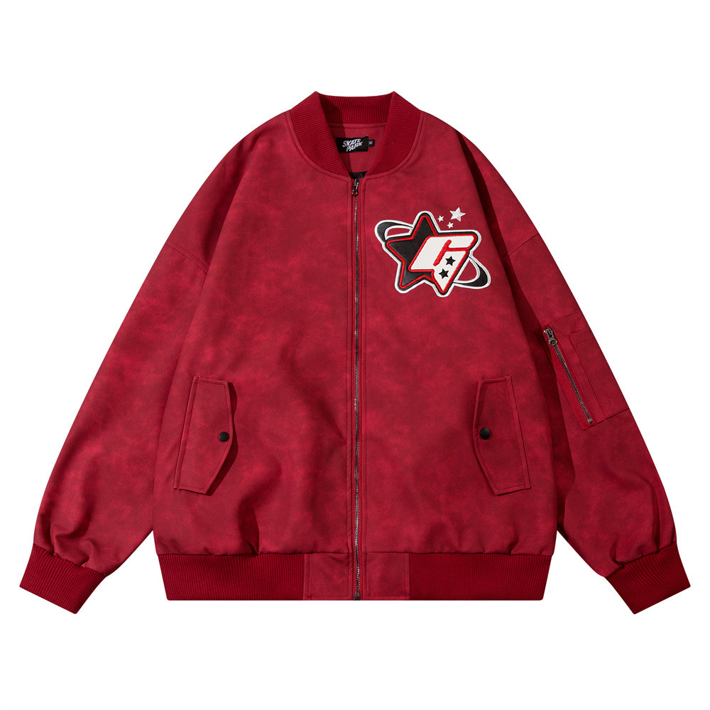 Patch Leather Embroidered Letters Baseball Jacket