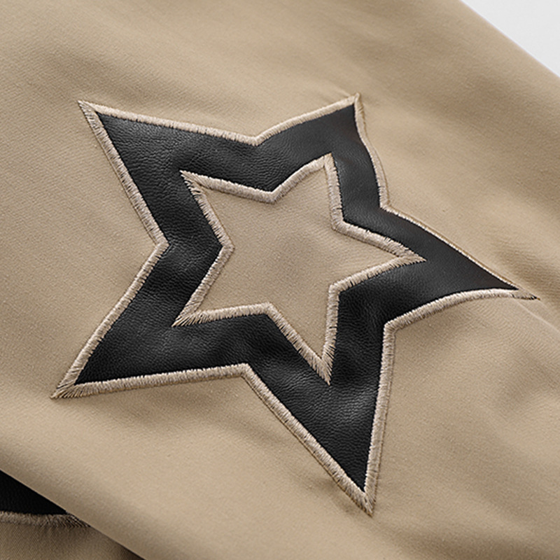 Pentagram Applique Leather Embroidery Stand Collar Zipper Jacket 