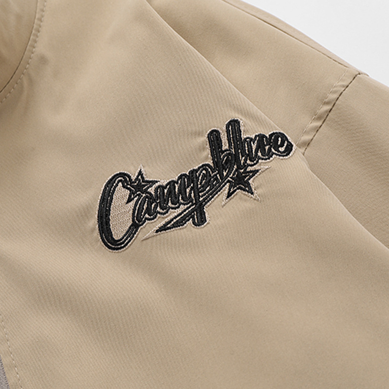 Pentagram Applique Leather Embroidery Stand Collar Zipper Jacket 