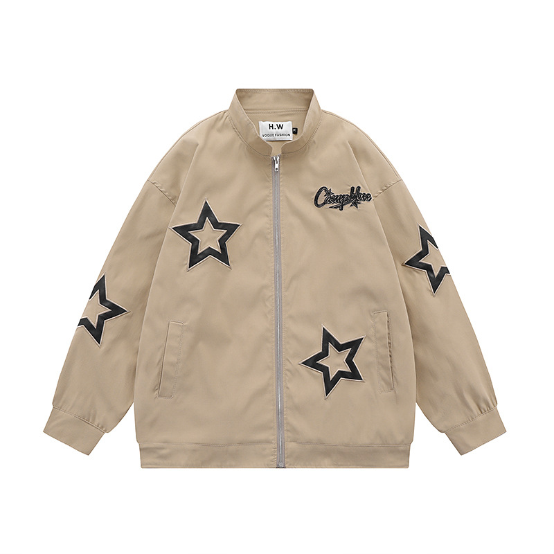 Pentagram Applique Leather Embroidery Stand Collar Zipper Jacket 