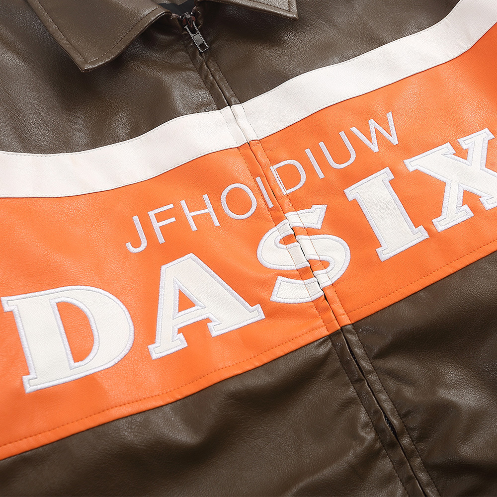 Pu Leather Jacket Loose Collision Color Stitching Lapel Jacket