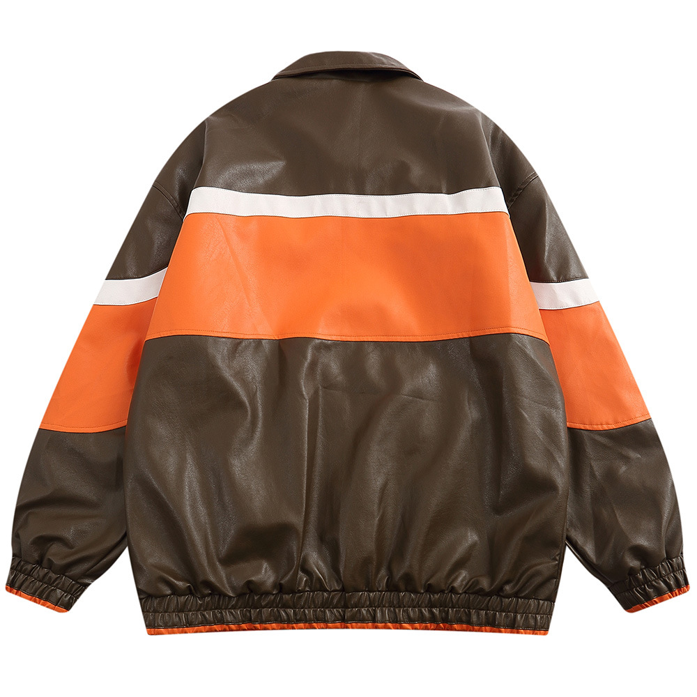 Pu Leather Jacket Loose Collision Color Stitching Lapel Jacket