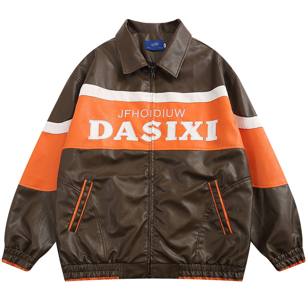 Pu Leather Jacket Loose Collision Color Stitching Lapel Jacket