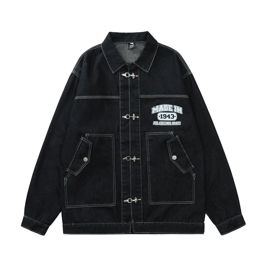 Series Of Bright Line Pockets Decorated Denim Jacket