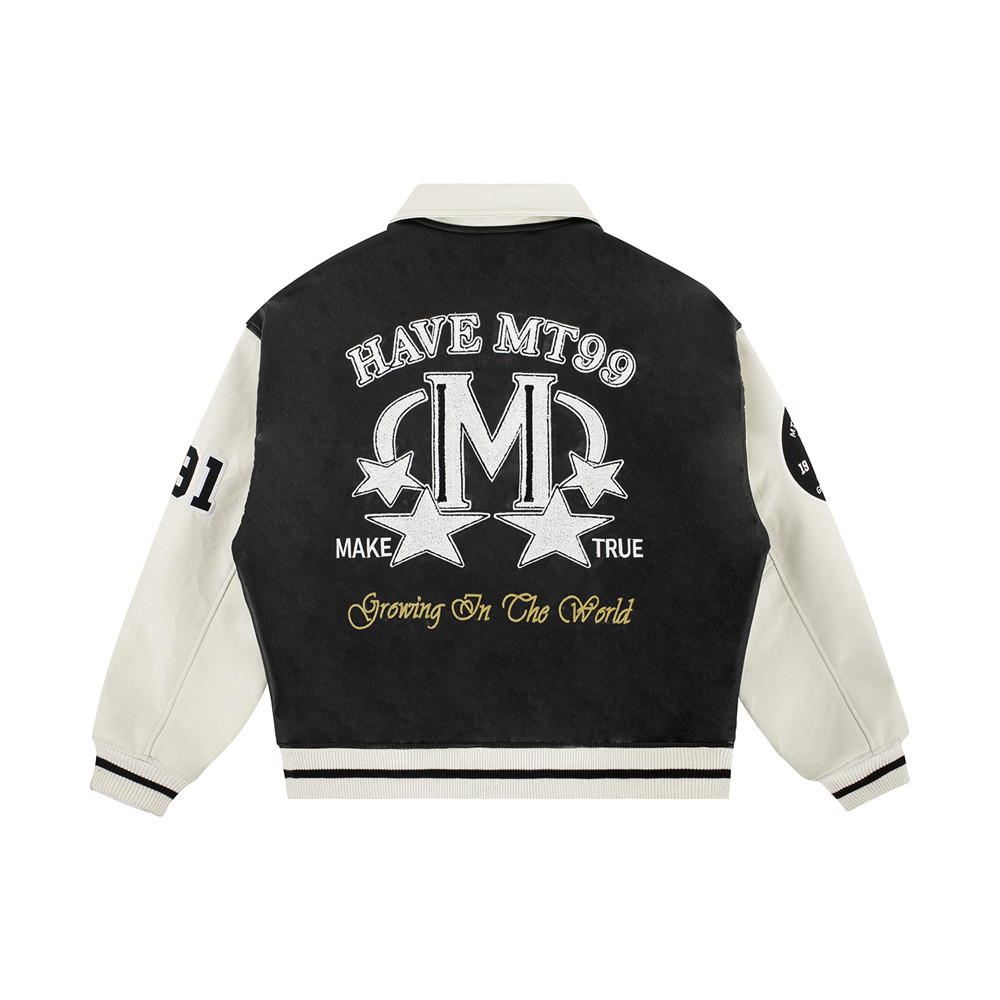Splicing Letter Embroidery Lapel Leather Jacket