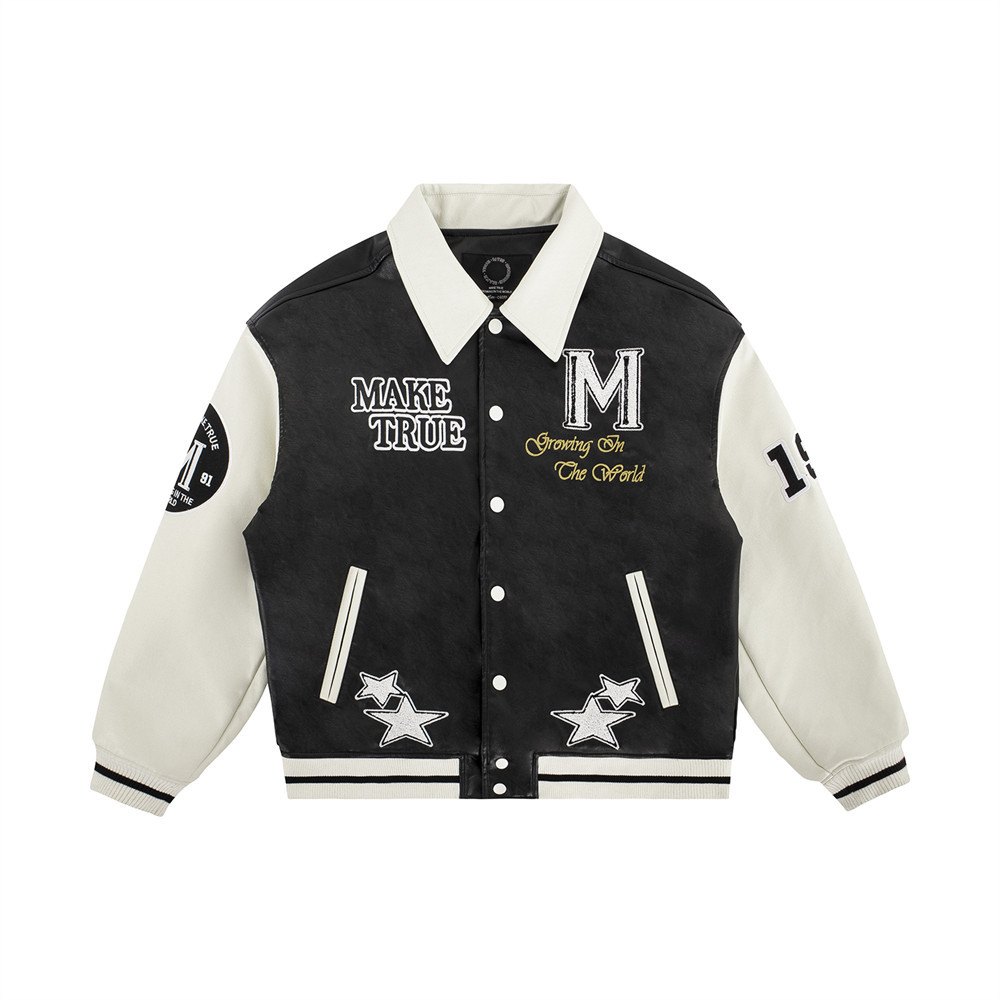 Splicing Letter Embroidery Lapel Leather Jacket