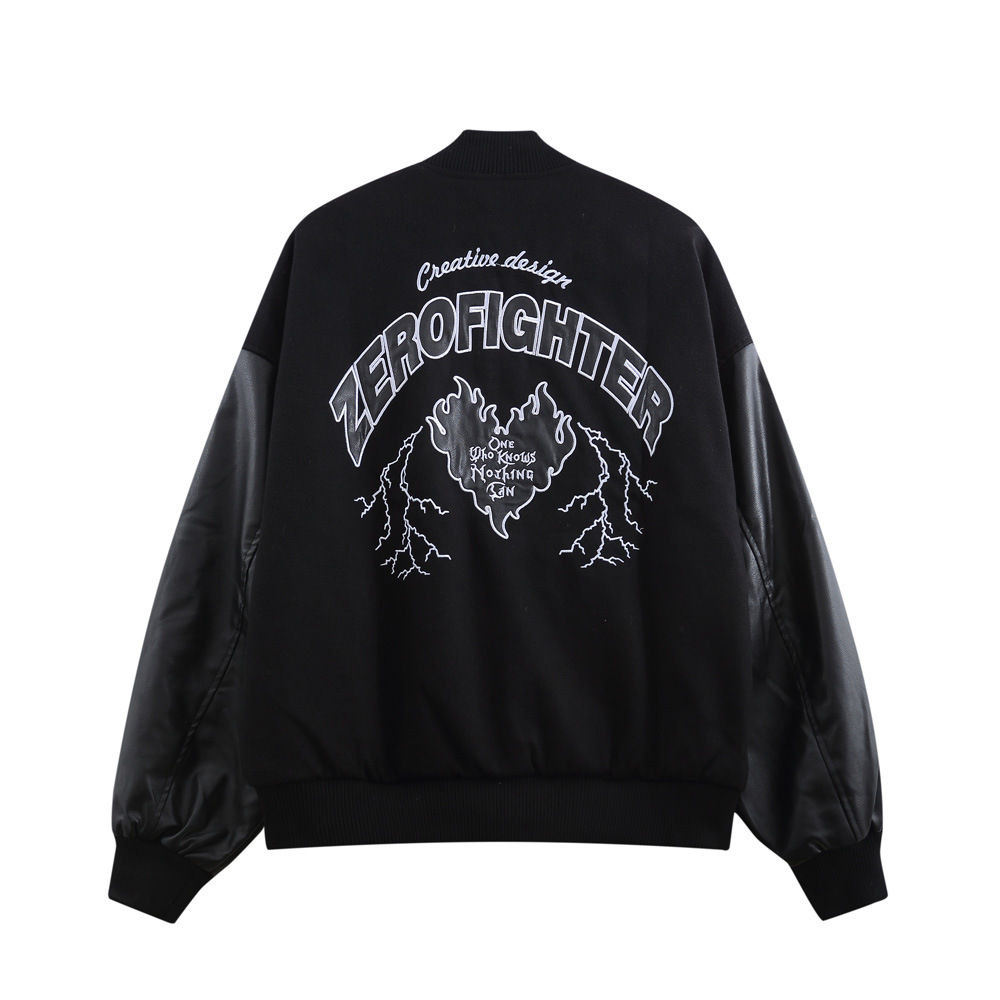 Splicing Pu Leather Sleeves Baseball Jersey Men'S Letter Embroidery Jacket