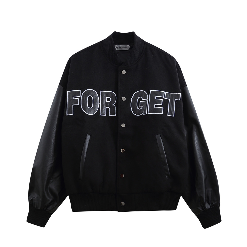 Splicing Pu Leather Sleeves Baseball Jersey Men'S Letter Embroidery Jacket