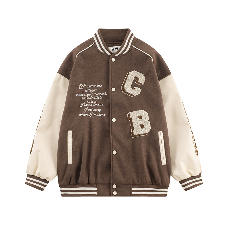 Splicing Pu Leather Sleeves Letter Embroidery Jacket