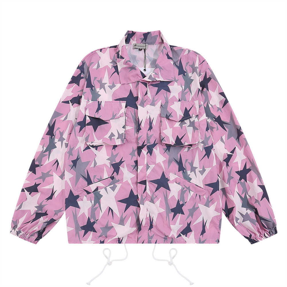 Star Print Workwear Loose Lapel Patch Pocket Drawstring Jacket